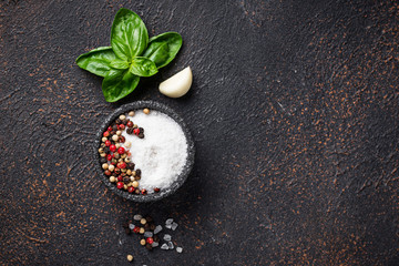 Herbs and spices. Basil, salt and pepper