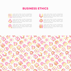 Business ethics concept with thin line icons: union, trust, honesty, responsibility, justice, commitment, no to racism, recruitment service, teamwork. Vector illustration, print media template.