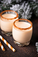 Traditional Christmas winter drink eggnog in glasses