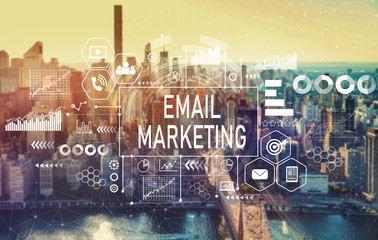 Email marketing with the New York City skyline near midtown
