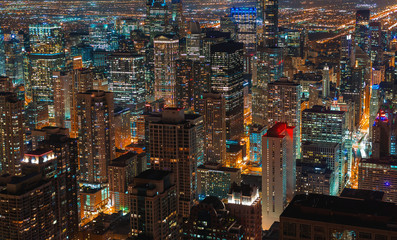 Chicago cityscape skyscrapers at night aerial view