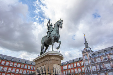 View of the famous Plaza Mayor with statue, Madrid, Spain