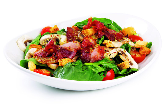 Green Garden Salad With Spinach, Cherry Tomato, Bacon, Chicken On A Fancy Plate, White On White Background, Isolated;