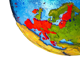 Eurozone member states on model of Earth with country borders and blue oceans with waves.