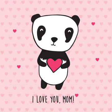 Happy Mother's Day. Greeting card for Mother's Day, Valentine's Day, birthday with panda and hearts. Hand drawn panda for your design. Doodles, sketch. Vector illustration