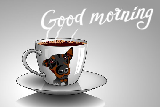 Fototapeta Cup of coffee with dog.Hand drawn lettering "Good Morning". Dog lover. Vector illustration.
