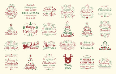 Christmas greeting cards with decorations and wishes - collection. Vector.