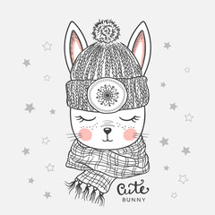 Cute bunny with knitted cap, scarf. Winter time. Vector illustration design for t shirt graphics, fashion prints, posters and other uses