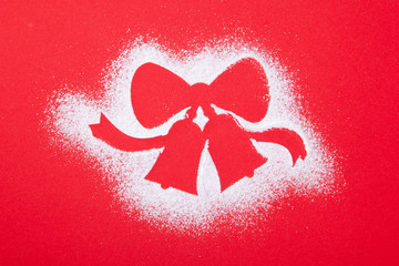 Greeting card, blank, merry christmas and happy new year, christmas bells stencil on red background.