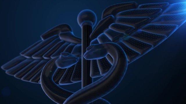 Health Care Concept. Blue Wireframe Medical Caduceus Symbol