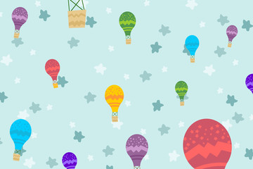 Kids room wallpaper with graphic illustration air balloon fly together. Can use for print on the wall, pillows, decoration kids interior, baby wear, shirts, and greeting card