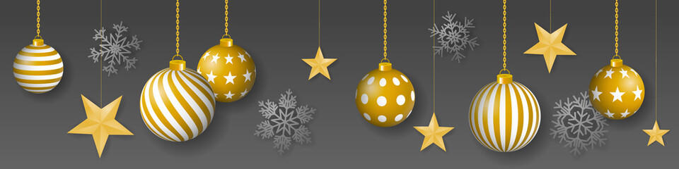 Seamless winter vector with sumptuous hanging gold colored decorated christmas ornaments, golden stars and silver snowflakes on gray background.