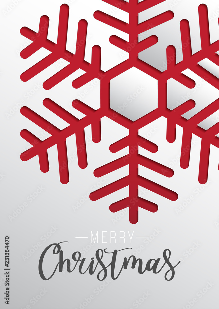 Poster Colours paper cut of vector snowflake on gradient colours ornate background with merry christmas phase text