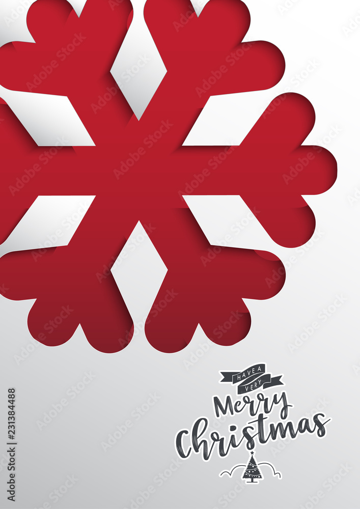 Poster Colours paper cut of vector snowflake on gradient colours ornate background with merry christmas phase text