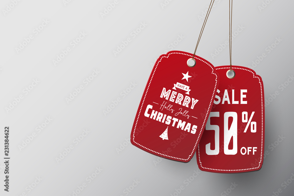 Poster red christmas sale paper tags vector set with different shapes and ornaments elements in red colour 