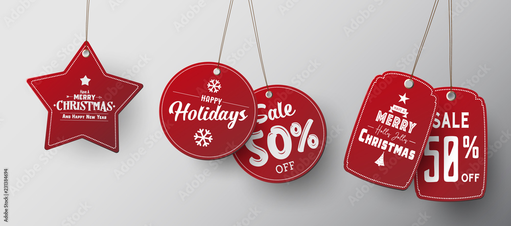 Poster Red Christmas sale paper tags vector set with different shapes and ornaments elements in red colour hanging with discount text for christmas holiday shopping promotion. 