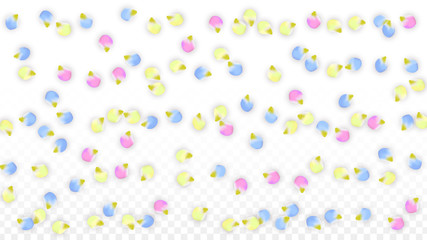 Vector Realistic Colorful Petals Falling on Transparent Background.  Spring Romantic Flowers Illustration. Flying Petals. Sakura Spa Design. Blossom Confetti. Design Elements for Wedding Decoration.