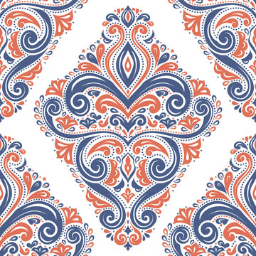 Blue and orange floral seamless pattern. Vintage vector, paisley elements. Traditional,Turkish, Indian motifs. Great for fabric and textile, wallpaper, packaging or any desired idea.
