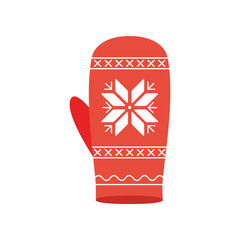 Red mitten with christmas pattern on white background