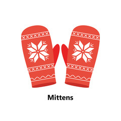 Two red mittens with christmas pattern on white background text