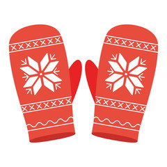 Two red mittens with christmas pattern on white background