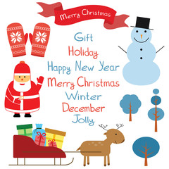 Winter set on white background mitten snowman ribbon santa