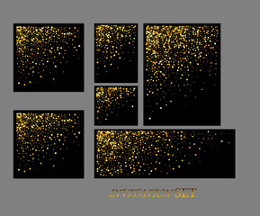 Vector banners and cards gold sparkles on black background. Gold background text.
