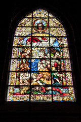 Stained glass window of the adoration of the shepherds, located in the chapel of San Jose, dates back to the year 1932, the cathedral of Seville, Spain