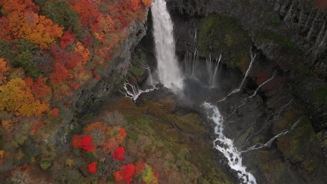 Aerial view of Kegon waterfall and autumn foliage, Nikko, Tochigi, Japan