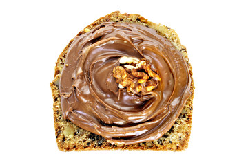 

Slice of walnut bread with chocolate spread isolated on white background