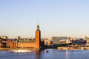 Fototapeta premium Stockholm City Hall (Stockholm) - panoramic view at sunset