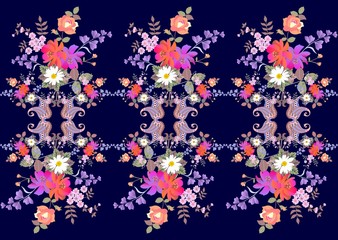 Bright endless floral paisley border in indian style. Bouquets of roses, daisies, bell and cosmos flowers on dark blue background.