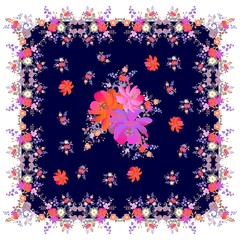 Shawl with bright flowers in watercolor style and paisly. Indian, turkish, persian motives. Beautiful roses, daisies, bell and cosmos flowers.
