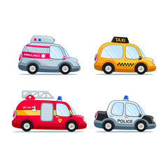 Cartoon style cars set, including fire truck,  police car, taxi and ambulance