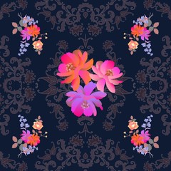 Bunches of garden flowers on dark lace background. Seamless ornamental pattern witn paisley. Indian, persian, turkish motives.