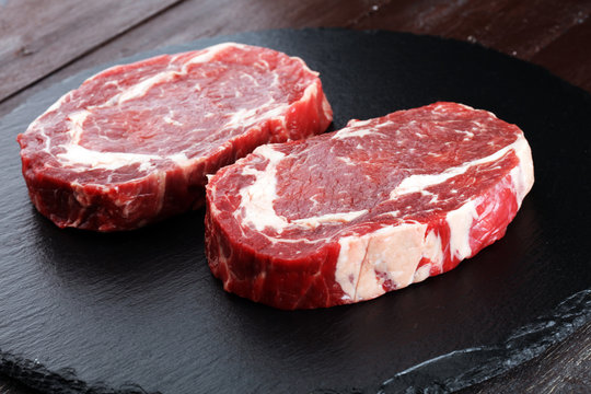 Steak raw. Barbecue Rib Eye Steak, dry Aged Wagyu Entrecote Steak.