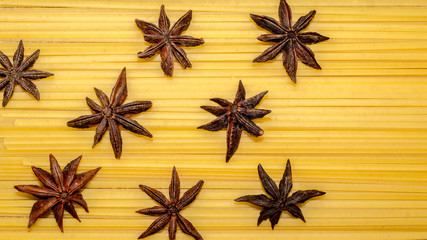 star anise on fettuccine pasta stick. food and culinary background