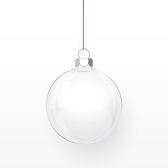 Glass transparent Christmas ball. Xmas glass ball on transparent background. Holiday decoration template. Vector illustration