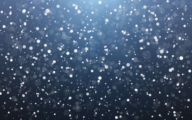 Christmas snow. Falling snowflakes on blue background. Snowfall. Vector illustration