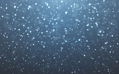 Christmas snow. Falling snowflakes on blue background. Snowfall. Vector illustration