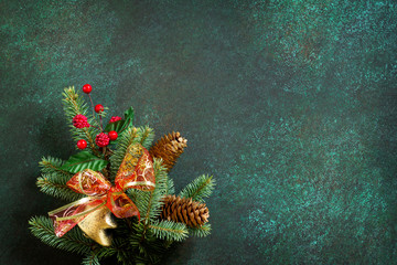 Christmas background. Christmas Spruce, Decor and snow. Top view flat lay background. Copy space.