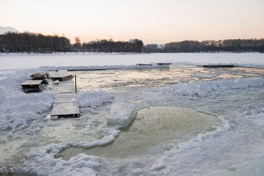 ice hole in the ice is ready for Epiphany bathing, Orthodox tradition