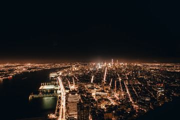 Amazing Panoramic Aerial View over New York City at Night