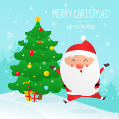 Christmas and Happy New Year vector illustration. Cute Santa Claus and Christmas tree.