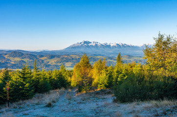 Fototapeta na wymiar Morning panorama of snowy Tatra Mountains over colorful autumn forest, Poland