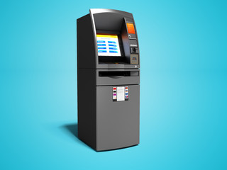 Modern ATM included for electronic money transfer 3d render on blue background with shadow