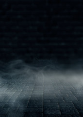 Background of an empty dark-black room. Empty brick walls, lights, smoke, glow, rays