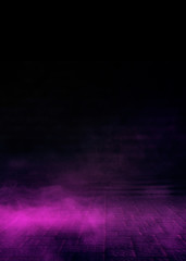 Background of an empty dark-black room. Empty brick walls, lights, smoke, glow, rays
