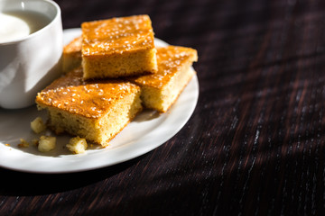 Homemade corn bread with cheese and yogurt, healthy breakfast