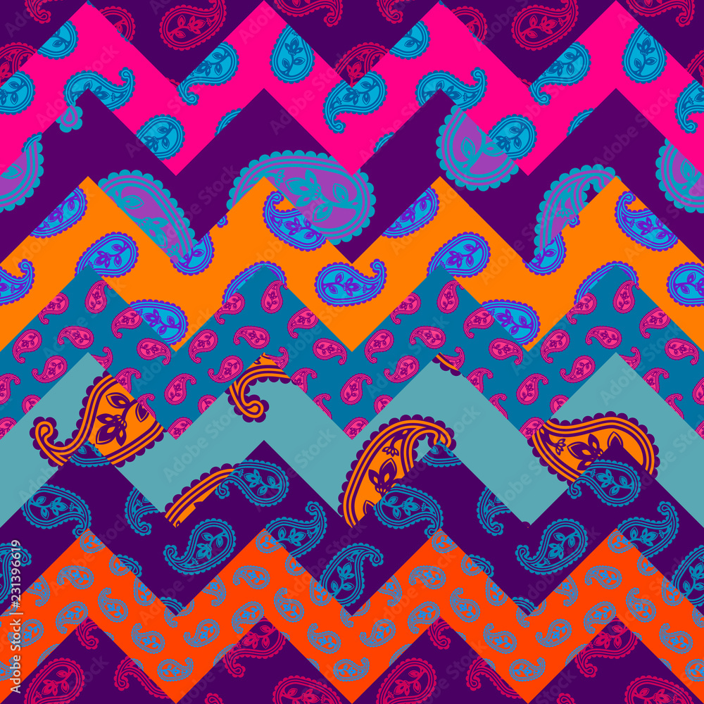 Poster seamless background pattern. patchwork pattern with paisley ornament patterns. bright magenta and or